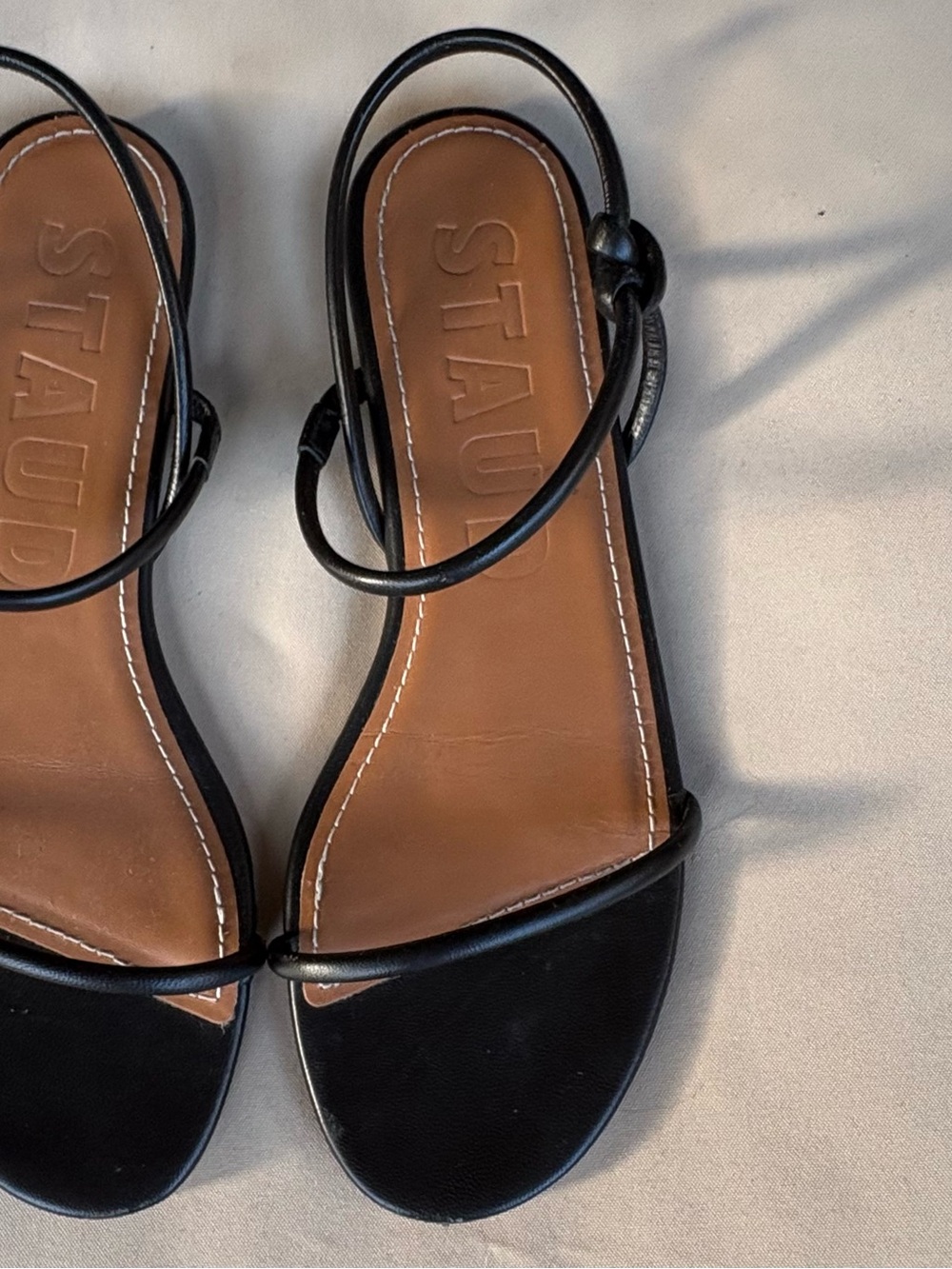 STAUD Black and Brown Leather Strap Sandals